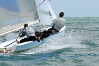 HAYLING ISLAND, ENGLAND - AUGUST 8: Mark Upton-Brown and Ian Mitchell from the UK, winning the 505 World Championship 2006 dinghy sailing event at Hayling Island, England. (Photo by Steve Arkley/Kos Picture Source via Getty Images)