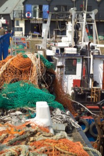 Fishing nets from trawler on quay at Whitstable harbour