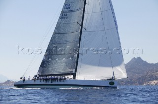 PORTO CERVO, SARDINIA - SEPT 8th 2006: The canting keel maxi yacht Morning Glory owned and driven by SAP software entrepreneur Hasso Plattner (Ger) racing during the Maxi Yacht Rolex Cup on September 8th 2006. Morning Glory is lying 3rd overall in the IRC Racing Division. The Maxi Yacht Rolex Cup is the largest maxi regatta in the world, which attracts the worlds fastest and most expensive sailing yachts to Porto Cervo, Sardinia bi-annually. (Photo by Tim Wright/Kos Picture Source via Getty Images)