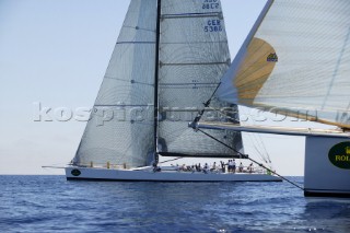 PORTO CERVO, SARDINIA - SEPT 8th 2006: The canting keel maxi yacht Morning Glory owned and driven by SAP software entrepreneur Hasso Plattner (Ger) racing during the Maxi Yacht Rolex Cup on September 8th 2006. Morning Glory is lying 3rd overall in the IRC Racing Division. The Maxi Yacht Rolex Cup is the largest maxi regatta in the world, which attracts the worlds fastest and most expensive sailing yachts to Porto Cervo, Sardinia bi-annually. (Photo by Tim Wright/Kos Picture Source via Getty Images)