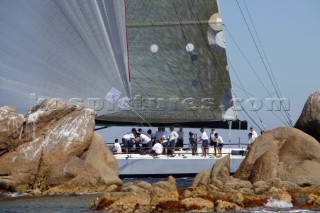 PORTO CERVO, SARDINIA - SEPT 8th 2006: The canting keel maxi yacht Morning Glory owned and driven by SAP software entrepreneur Hasso Plattner (Ger) racing during the Maxi Yacht Rolex Cup on September 8th 2006. Morning Glory is lying 3rd overall in the IRC Racing Division. The Maxi Yacht Rolex Cup is the largest maxi regatta in the world, which attracts the worlds fastest and most expensive sailing yachts to Porto Cervo, Sardinia bi-annually. (Photo by Tim Wright/Kos Picture Source via Getty Images)