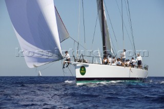 PORTO CERVO, SARDINIA - SEPT 8th 2006: The canting keel maxi yacht Morning Glory owned and driven by SAP software entrepreneur Hasso Plattner (Ger) racing during the Maxi Yacht Rolex Cup on September 8th 2006. Morning Glory is lying 3rd overall in the IRC Racing Division. The Maxi Yacht Rolex Cup is the largest maxi regatta in the world, which attracts the worlds fastest and most expensive sailing yachts to Porto Cervo, Sardinia bi-annually. (Photo by Tim Wright/Kos Picture Source via Getty Images)