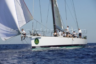 PORTO CERVO, SARDINIA - SEPT 8th 2006: The canting keel maxi yacht Morning Glory owned and driven by SAP software entrepreneur Hasso Plattner (Ger) racing during the Maxi Yacht Rolex Cup on September 8th 2006. Morning Glory is lying 3rd overall in the IRC Racing Division. The Maxi Yacht Rolex Cup is the largest maxi regatta in the world, which attracts the worlds fastest and most expensive sailing yachts to Porto Cervo, Sardinia bi-annually. (Photo by Tim Wright/Kos Picture Source via Getty Images)