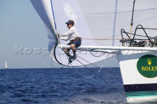 PORTO CERVO, SARDINIA - SEPT 8th 2006: The canting keel maxi yacht Morning Glory owned and driven by SAP software entrepreneur Hasso Plattner (Ger) racing during the Maxi Yacht Rolex Cup on September 8th 2006. Morning Glory is lying 3rd overall in the IRC Racing Division. The Maxi Yacht Rolex Cup is the largest maxi regatta in the world, which attracts the worlds fastest and most expensive sailing yachts to Porto Cervo, Sardinia bi-annually. (Photo by Tim Wright/Kos Picture Source via Getty Images)