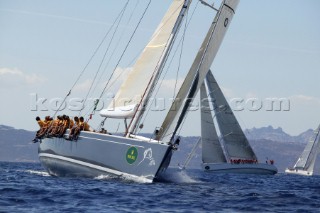 PORTO CERVO, SARDINIA - SEPT 6th 2006: The 24 metre racing yacht Allsmoke (GBR) owned by Gunter Herz tacking amongst the Madellena Islands at the Maxi Yacht Rolex Cup 2006 in Porto Cervo, Sardinia. The Maxi Rolex Cup attracts the most glamorous sailing and racing yachts in the world, including a fleet of contemporary Wally yachts, the most modern and technologically advanced maxi yachts afloat. (Photo by Tim Wright/Kos Picture Source via Getty Images)