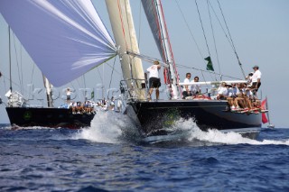 PORTO CERVO, SARDINIA - SEPT 6th 2006: The large 21 metre Swan yacht Chippewa (USA) owned by Clayton Deutsch racing under spinnaker at the Maxi Yacht Rolex Cup 2006 in Porto Cervo, Sardinia. The Maxi Rolex Cup attracts the most glamorous sailing and racing yachts in the world, including a fleet of contemporary Wally yachts, the most modern and technologically advanced maxi yachts afloat. (Photo by Tim Wright/Kos Picture Source via Getty Images)