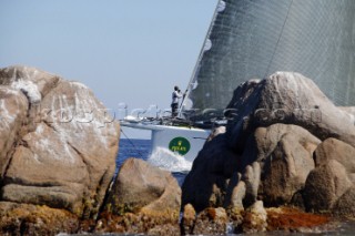 PORTO CERVO, SARDINIA - SEPT 6th 2006: The 100ft canting keel super-maxi Alfa Romeo owned by Neville Crighton (NZL) leading the racing fleet at the Maxi Yacht Rolex Cup 2006 in Porto Cervo, Sardinia. (Photo by Tim Wright/Kos Picture Source via Getty Images)