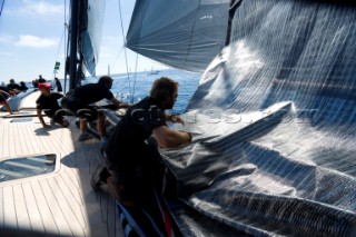 PORTO CERVO, SARDINIA - SEPT 9th 2006: Onboard the Wally maxi yacht Tango (ITA) owned by©Carlo Sama (ITA) and driven by the Chairman of the Wally Yachts shipyard, Luca Bassani (ITA) during the Maxi Yacht Rolex Cup on September 9th 2006. Tango finished 5th making her presently 2nd overall in the regatta. The Maxi Yacht Rolex Cup is the largest maxi yacht regatta in the world, which attracts the fastest and most expensive sailing yachts to Porto Cervo, Sardinia bi-annually. (Photo by Gilles Martin-Raget/Kos Picture Source via Getty Images)