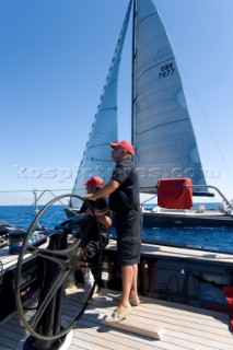 PORTO CERVO, SARDINIA - SEPT 9th 2006: Onboard the Wally maxi yacht Tango (ITA) owned by©Carlo Sama (ITA) and driven by the Chairman of the Wally Yachts shipyard, Luca Bassani (ITA) during the Maxi Yacht Rolex Cup on September 9th 2006. Tango finished 5th making her presently 2nd overall in the regatta. The Maxi Yacht Rolex Cup is the largest maxi yacht regatta in the world, which attracts the fastest and most expensive sailing yachts to Porto Cervo, Sardinia bi-annually. (Photo by Gilles Martin-Raget/Kos Picture Source via Getty Images)