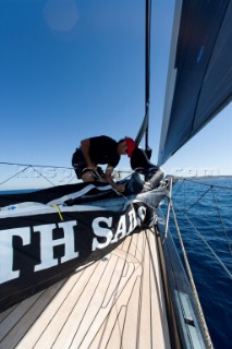 PORTO CERVO, SARDINIA - SEPT 9th 2006: Onboard the Wally maxi yacht Tango (ITA) owned by©Carlo Sama (ITA) and driven by the Chairman of the Wally Yachts shipyard, Luca Bassani (ITA) during the Maxi Yacht Rolex Cup on September 9th 2006. Tango finished 5th making her presently 2nd overall in the regatta. The Maxi Yacht Rolex Cup is the largest maxi yacht regatta in the world, which attracts the fastest and most expensive sailing yachts to Porto Cervo, Sardinia bi-annually. (Photo by Gilles Martin-Raget/Kos Picture Source via Getty Images)