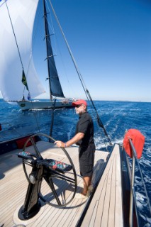 PORTO CERVO, SARDINIA - SEPT 9th 2006: Onboard the Wally maxi yacht Tango (ITA) owned by©Carlo Sama (ITA) and driven by the Chairman of the Wally Yachts shipyard, Luca Bassani (ITA) during the Maxi Yacht Rolex Cup on September 9th 2006. Tango finished 5th making her presently 2nd overall in the regatta. The Maxi Yacht Rolex Cup is the largest maxi yacht regatta in the world, which attracts the fastest and most expensive sailing yachts to Porto Cervo, Sardinia bi-annually. (Photo by Gilles Martin-Raget/Kos Picture Source via Getty Images)