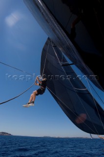 PORTO CERVO, SARDINIA - SEPT 9th 2006: Onboard the Wally maxi yacht Tango (ITA) owned by©Carlo Sama (ITA) and driven by the Chairman of the Wally Yachts shipyard, Luca Bassani (ITA) during the Maxi Yacht Rolex Cup on September 9th 2006. Tango finished 5th making her presently 2nd overall in the regatta. The Maxi Yacht Rolex Cup is the largest maxi yacht regatta in the world, which attracts the fastest and most expensive sailing yachts to Porto Cervo, Sardinia bi-annually. (Photo by Gilles Martin-Raget/Kos Picture Source via Getty Images)