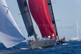 PORTO CERVO, SARDINIA - SEPT 9th 2006: The maxi yacht Ghost (USA) owned by Arne Glimcher reaches under white asymmetric spinnaker during the Maxi Yacht Rolex Cup on September 9th 2006. Ghost finished 5th in the race making her presently 5th overall in the regatta. The Maxi Yacht Rolex Cup is the largest maxi yacht regatta in the world, which attracts the fastest and most expensive sailing yachts to Porto Cervo, Sardinia bi-annually. (Photo by Gilles Martin-Raget/Kos Picture Source via Getty Images)