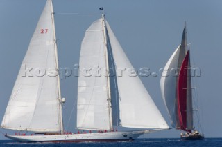 PORTO CERVO, SARDINIA - SEPT 6th 2006: The 22,000 square feet white sails of the gigantic 55 metre classic schooner Adela (USA) owned by American businessman George Lindemann racing during the Maxi Yacht Rolex Cup on September 9th 2006. Maxi Yacht Rolex Cup is the largest maxi yacht regatta in the world, which attracts the fastest and most expensive sailing yachts to Porto Cervo, Sardinia bi-annually. (Photo by Gilles Martin-Raget/Kos Picture Source via Getty Images)