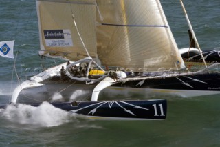 PORT de FECAMP, FRANCE - SEPT 9th 2006: The Open 60 trimaran GITANA 11 (Fra) skippered by the famous French multihull sailor Loick Peyron racing in the Grand Prix de Fecamp on September 9th 2006. GITANA 11 finished 2nd overall. The Grand Prix de Port de Fecamp is part of the Multi Cup 60 Cafe Ambassador. (Photo by Gilles Martin-Raget/Kos Picture Source via Getty Images)