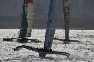 PORT de FECAMP, FRANCE - SEPT 9th 2006: The Open 60 trimaran GROUPAMA-2 (left) leading GITANA 12 (right) and GEANT (middle) during racing in the Grand Prix de Fecamp on September 9th 2006. GROUPAMA-2 won the event with GEANT third and GITANA 12 fourth. The Grand Prix de Port de Fecamp is part of the Multi Cup 60 Cafe Ambassador. (Photo by Gilles Martin-Raget/Kos Picture Source via Getty Images)