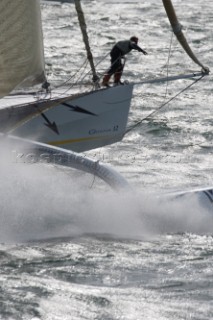 PORT de FECAMP, FRANCE - SEPT 9th 2006: The Open 60 trimaran GITANA 12 (Fra) skippered by Thierry Duprey de Vorsent racing in the Grand Prix de Fecamp on September 9th 2006. GITANA 12 finished 4th overall. The Grand Prix de Port de Fecamp is part of the Multi Cup 60 Cafe Ambassador. (Photo by Gilles Martin-Raget/Kos Picture Source via Getty Images)