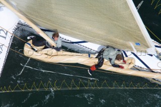 PORT de FECAMP, FRANCE - SEPT 9th 2006: The Open 60 trimaran GITANA 12 (Fra) skippered by Thierry Duprey de Vorsent racing in the Grand Prix de Fecamp on September 9th 2006. GITANA 12 finished 4th overall. The Grand Prix de Port de Fecamp is part of the Multi Cup 60 Cafe Ambassador. (Photo by Gilles Martin-Raget/Kos Picture Source via Getty Images)