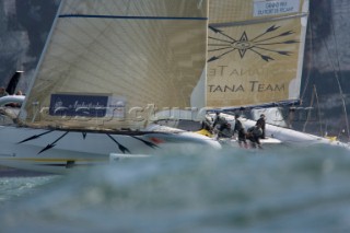 PORT de FECAMP, FRANCE - SEPT 9th 2006: The Open 60 trimaran GITANA 12 (Fra) skippered by Thierry Duprey de Vorsent racing in the Grand Prix de Fecamp on September 9th 2006. GITANA 12 finished 4th overall. The Grand Prix de Port de Fecamp is part of the Multi Cup 60 Cafe Ambassador. (Photo by Gilles Martin-Raget/Kos Picture Source via Getty Images)