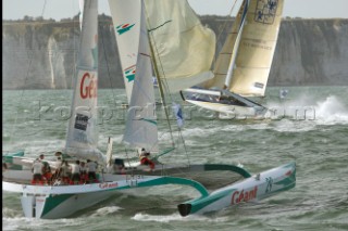 PORT de FECAMP, FRANCE - SEPT 9th 2006: The Open 60 trimarans in the Grand Prix de Fecamp on September 9th 2006. The Grand Prix de Port de Fecamp is part of the Multi Cup 60 Cafe Ambassador. (Photo by Gilles Martin-Raget/Kos Picture Source via Getty Images)