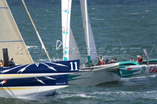 PORT de FECAMP, FRANCE - SEPT 9th 2006: The Open 60 trimarans in the Grand Prix de Fecamp on September 9th 2006. The Grand Prix de Port de Fecamp is part of the Multi Cup 60 Cafe Ambassador. (Photo by Gilles Martin-Raget/Kos Picture Source via Getty Images)