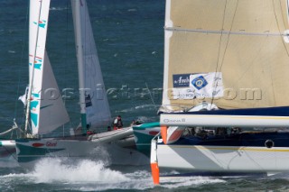 PORT de FECAMP, FRANCE - SEPT 9th 2006: The Open 60 trimarans in the Grand Prix de Fecamp on September 9th 2006. The Grand Prix de Port de Fecamp is part of the Multi Cup 60 Cafe Ambassador. (Photo by Gilles Martin-Raget/Kos Picture Source via Getty Images)