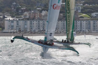 PORT de FECAMP, FRANCE - SEPT 9th 2006: The Open 60 trimarans in the Grand Prix de Fecamp on September 9th 2006. The Grand Prix de Port de Fecamp is part of the Multi Cup 60 Cafe Ambassador. (Photo by Gilles Martin-Raget/Kos Picture Source via Getty Images)