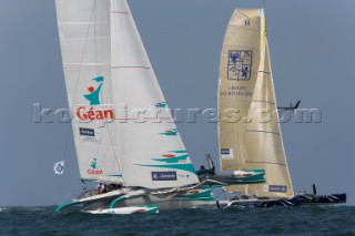 PORT de FECAMP, FRANCE - SEPT 9th 2006: The Open 60 trimarans in the Grand Prix de Fecamp on September 9th 2006. The Grand Prix de Port de Fecamp is part of the Multi Cup 60 Cafe Ambassador. (Photo by Gilles Martin-Raget/Kos Picture Source via Getty Images)