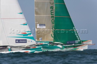 PORT de FECAMP, FRANCE - SEPT 9th 2006: The Open 60 trimarans in the Grand Prix de Fecamp on September 9th 2006. The Grand Prix de Port de Fecamp is part of the Multi Cup 60 Cafe Ambassador. (Photo by Gilles Martin-Raget/Kos Picture Source via Getty Images)