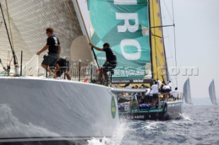 PORTO CERVO, SARDINIA - SEPT 9th 2006: The canting keel maxi Maximus (NZL) rounds the windward mark behind The Volvo 70 ABN AMRO ONE (HOL) winner of the recent Volvo Ocean Race, during racing in the Maxi Yacht Rolex Cup on September 9th 2006. The Maxi Yacht Rolex Cup is the largest maxi regatta in the world, which attracts the worlds fastest and most expensive sailing yachts to Porto Cervo, Sardinia bi-annually. (Photo by Tim Wright/Kos Picture Source via Getty Images)