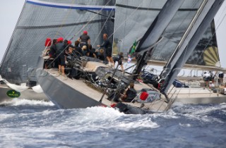 PORTO CERVO, SARDINIA - SEPT 9th 2006: The Wally yacht Tango (MON), driven by Wally shipyard Chairman Luca Bassani (ITA) and owned by©Carlo Sama cross tacking behind the Wally yacht Dangerous but Fun (MON) owned by Michelle Perris, during racing in the Maxi Yacht Rolex Cup on September 9th 2006. Tango finished 3rd overall, Dangerous but Fun 5th. The Maxi Yacht Rolex Cup is the largest maxi regatta in the world, which attracts the worlds fastest and most expensive sailing yachts to Porto Cervo, Sardinia bi-annually. (Photo by Tim Wright/Kos Picture Source via Getty Images)