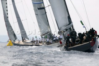 PORTO CERVO, SARDINIA - SEPT 9th 2006: The Wally yacht J ONE (FRA) owned by advertising entrepreneur JC Decaux, leads Dangerous but Fun (MON) and Tango (MON) round the windward mark during racing in the Maxi Yacht Rolex Cup on September 9th 2006. The Maxi Yacht Rolex Cup is the largest maxi regatta in the world, which attracts the worlds fastest and most expensive sailing yachts to Porto Cervo, Sardinia bi-annually. (Photo by Tim Wright/Kos Picture Source via Getty Images)