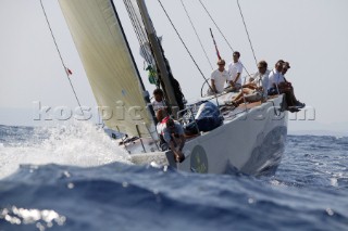 PORTO CERVO, SARDINIA - SEPT 9th 2006: The bowman on the maxi yacht Aegir (UK) owned by Brian Benjamin prepares the spinnaker pole during racing in the Maxi Yacht Rolex Cup on September 9th 2006. Aegir finished 9th overall. The Maxi Yacht Rolex Cup is the largest maxi regatta in the world, which attracts the fastest and most expensive sailing yachts to Porto Cervo, Sardinia bi-annually. (Photo by Tim Wright/Kos Picture Source via Getty Images)