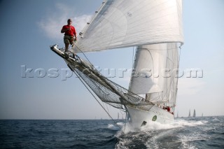 PORTO CERVO, SARDINIA - SEPT 9th 2006: The bowman on lookout onboard the giant classic sailing schooner Adela (USA) owned by American George Lindemann during racing in the Maxi Yacht Rolex Cup on September 9th 2006. The Maxi Yacht Rolex Cup is the largest maxi regatta in the world, which attracts the fastest and most expensive sailing yachts to Porto Cervo, Sardinia bi-annually. (Photo by Tim Wright/Kos Picture Source via Getty Images)