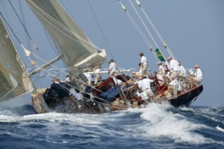 PORTO CERVO, SARDINIA - SEPT 9th 2006: The J Class yacht Valsheda (UK) prepares the hoist the spinnaker pole as it aapproaches the windward mark during racing in the Maxi Yacht Rolex Cup on September 9th 2006. The Maxi Yacht Rolex Cup is the largest maxi regatta in the world, which attracts the fastest and most expensive sailing yachts to Porto Cervo, Sardinia bi-annually. (Photo by Tim Wright/Kos Picture Source via Getty Images)