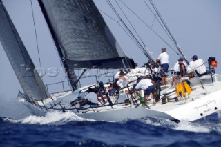 PORTO CERVO, SARDINIA - SEPT 9th 2006: The canting keel maxi Morning Glory (GER) owned by SAP software businessman Hasso Plattner during racing in the Maxi Yacht Rolex Cup on September 9th 2006. Morning Glory finished 2nd overall in the regatta. The Maxi Yacht Rolex Cup is the largest maxi regatta in the world, which attracts the fastest and most expensive sailing yachts to Porto Cervo, Sardinia bi-annually. (Photo by Tim Wright/Kos Picture Source via Getty Images)