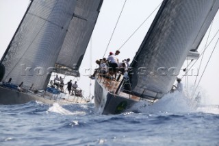 PORTO CERVO, SARDINIA - SEPT 9th 2006: The Wally yachts Dark Shadow of Monaco (left) and Tiketitan (right) during racing in the Maxi Yacht Rolex Cup on September 9th 2006. The Maxi Yacht Rolex Cup is the largest maxi regatta in the world, which attracts the fastest and most expensive sailing yachts to Porto Cervo, Sardinia bi-annually. (Photo by Tim Wright/Kos Picture Source via Getty Images)