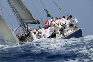 PORTO CERVO, SARDINIA - SEPT 9th 2006: The Swan 68 Chippewa (USA) owned by Clayton Deutsch battles the big waves during racing in the Maxi Yacht Rolex Cup on September 9th 2006. The yacht finished 4th overall. The Maxi Yacht Rolex Cup is the largest maxi regatta in the world, which attracts the fastest and most expensive sailing yachts to Porto Cervo, Sardinia bi-annually. (Photo by Tim Wright/Kos Picture Source via Getty Images)