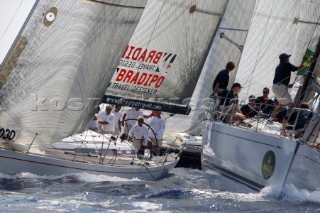 PORTO CERVO, SARDINIA - SEPT 12th 2006: The Swan 45 fleet approaching the windward mark of Race 1 in the Rolex Swan Cup on September 12th 2006. The Rolex Swan Cup, started in 1982, is the principle event on the Swan racing circuit. Nautors Swan yachts, celebrating its 40th year in production, build the best series production yachts afloat. (Photo by Tim Wright/Kos Picture Source via Getty Images)