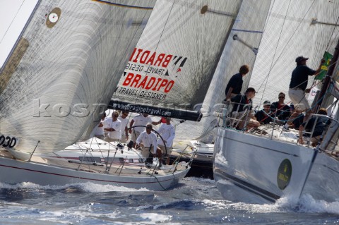 PORTO CERVO SARDINIA  SEPT 12th 2006 The Swan 45 fleet approaching the windward mark of Race 1 in th