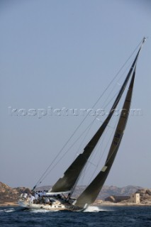 PORTO CERVO, SARDINIA - SEPT 13th 2006:  The classic Swan 65 sloop Monsoon Jaguar (GBR) owned by Peter Simon tacking upwind during Day 2 of the Rolex Swan Cup on September 13th 2006. Monsoon Jaguar finished 7th in the Classic Division. Rolex Swan Cup, started in 1982, is the principle event on the Swan racing circuit. Nautors Swan yachts, celebrating its 40th year in production, build the best series production yachts afloat. (Photo by Tim Wright/Kos Picture Source via Getty Images)