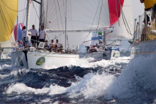 PORTO CERVO, SARDINIA - SEPT 13th 2006:  The Swan yacht Saida from Germany competing during Day 2 of the Rolex Swan Cup on September 13th 2006. Saida finished 23rd. The Rolex Swan Cup, started in 1982, is the principle event on the Swan racing circuit. Nautors Swan yachts, celebrating its 40th year in production, build the best series production yachts afloat. (Photo by Tim Wright/Kos Picture Source via Getty Images)