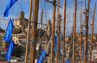 Imperia - Italy -  September 16th  2006. Vele dEpoca di Imperia 2006. Sanremo and classic boat masts on the dockside.