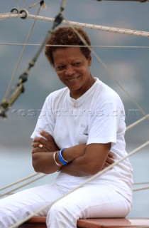 Imperia - Italy -  September 16th  2006. Vele dEpoca di Imperia 2006. Jaqueline Tabarly, wife of the late Eric Tabarly on Pen Duick.