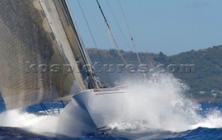 Antigua Classic Yacht Regatta April 2006. One of sequence of ten pictures of the 138 ft Olin Stephens designed boat Ranger on port tack with crew on port rail