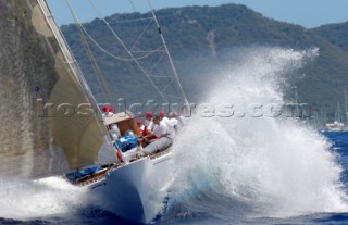 Antigua Classic Yacht Regatta April 2006. One of sequence of ten pictures of the 138 ft Olin Stephens designed boat Ranger on port tack with crew on port rail