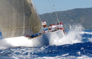 Antigua Classic Yacht Regatta April 2006. One of sequence of ten pictures of the 138 ft Olin Stephens designed boat Ranger on port tack with crew on port rail