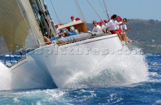 Antigua Classic Yacht Regatta April 2006. One of sequence of ten pictures of the 138 ft Olin Stephens designed boat Ranger on port tack with crew on port rail