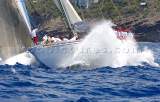 Antigua Classic Yacht Regatta April 2006. One of sequence of ten pictures of the 138 ft Olin Stephens designed boat Ranger on port tack with crew on port rail