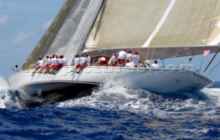 Antigua Classic Yacht Regatta April 2006. One of sequence of ten pictures of the 138 ft Olin Stephens designed boat Ranger on port tack with crew on port rail